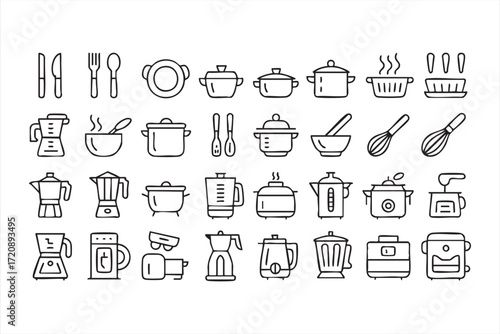 Kitchen utensils and cooking tools outline icon collection for culinary design