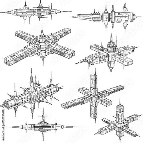 Detailed science fiction starships collection, a fleet of futuristic spacecraft, ready for intergalactic adventures and space exploration scenarios, vector art