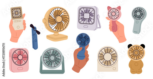 Cartoon hand ventilators. Mechanical and electrical devices, cooling air circulation, escape from heat, mini pocket sized fans, portable propeller blower, garish vector isolated icons set