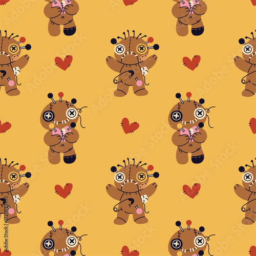 Cartoon voodoo dolls seamless pattern. Scary stitched patchwork toys, rag halloween characters, needles and pins. Textile, wrapping paper, wallpaper. Print for fabric garish vector background