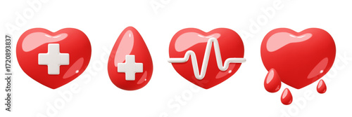 3d medical hearts. Volumed glossy health symbols with white convex cross, pulse signs, cartoon red icons, cardio ambulance, donate blood, cardiologist aid, render glossy classy vector set