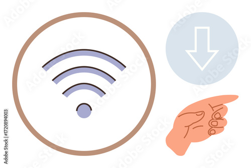 wireless signal icon inside a circle, downward arrow representing download process, and pointing hand gesture. Ideal for technology, connectivity, data, apps, internet access, communication simple