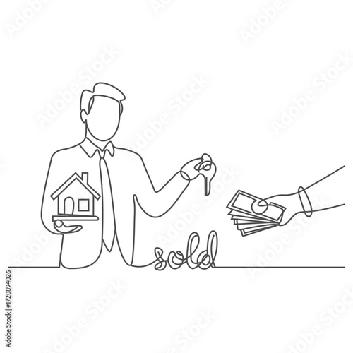 Continuous line drawing of a man receives payment for selling home, housing loan, house and interest rate on hand one line art. Continuous line drawing of bank, financial, payment, data, economic.