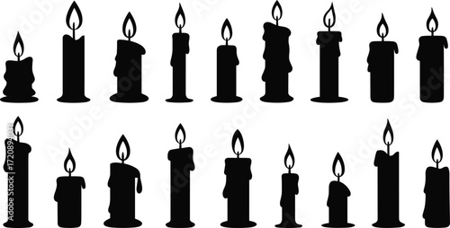 Black silhouette candles with flames, melting wax design, various shapes and sizes, vintage style, cozy ambiance, decorative candle art collection