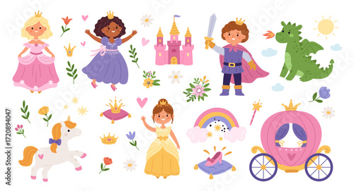 Princess and royal accessories. Pretty girls in puffy dresses, cute prince with sword, magic castle, fairy tale dragon and unicorn, vector cartoon flat style isolated garish vector set