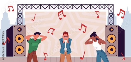 Noise pollution. Huge concert speakers with strong sound, people cover their ears with hands, loud music annoyance escaping, suffering characters cartoon isolated nowaday vector concept