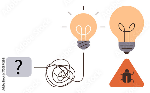 Tangled wire leads from question mark to lightbulb ideas with intersectional warning triangle symbolizing obstacles. Ideal for problem-solving, innovation, creativity, challenges, solutions, logic