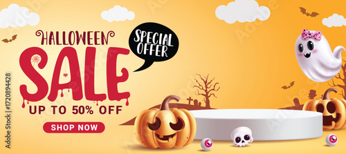 Halloween Sale podium clipart banner design. Halloween Sale special offer shopping discount with white podium and spooky elements clip art in orange graveyard background for October 50% discount 