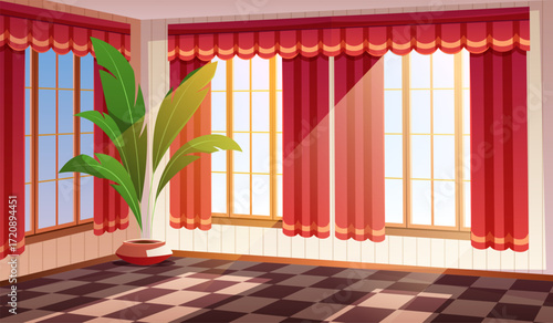 Cartoon interior with curtains. Empty cozy living room with large window, textile home decor, indoor plant, apartment hall, trendy contemporary classic luxury house tidy vector concept