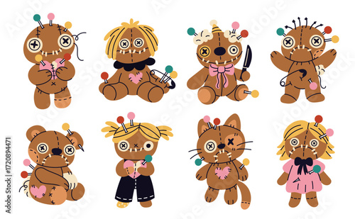 Cartoon halloween dolls. Funny creepy stitched voodoo toys, spooky patchwork fabric characters, handmade raggedy cats, puppet bears, occult scary boys and girls, garish vector isolated set