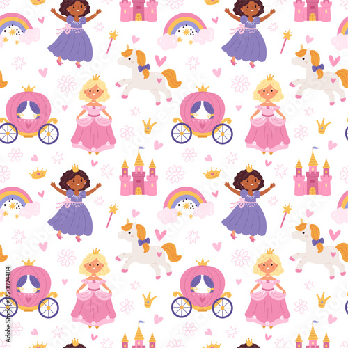 Cartoon funny princess seamless pattern. Repeated royal daughters in magnificent dresses, crowns, girly elements. Textile, wrapping paper, wallpaper. Print for fabric garish vector background