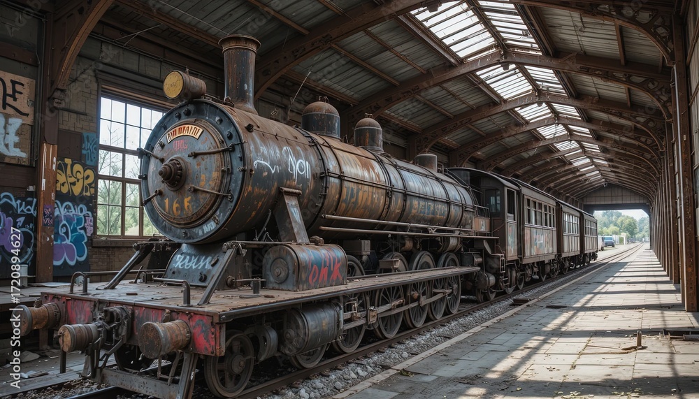 Naklejka premium An aged steam locomotive, rust-covered and shadowed, sits within a weathered train shed, showcasing its historical past.