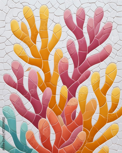 A colorful coral reef with a variety of colors including pink, yellow, and green. The image is made up of small pieces of tile, giving it a mosaic-like appearance. Scene is vibrant and lively