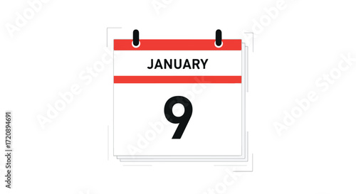 Calendar illustration displaying the date of January 9th on a white background symbol of a specific date reminder marking event 2024