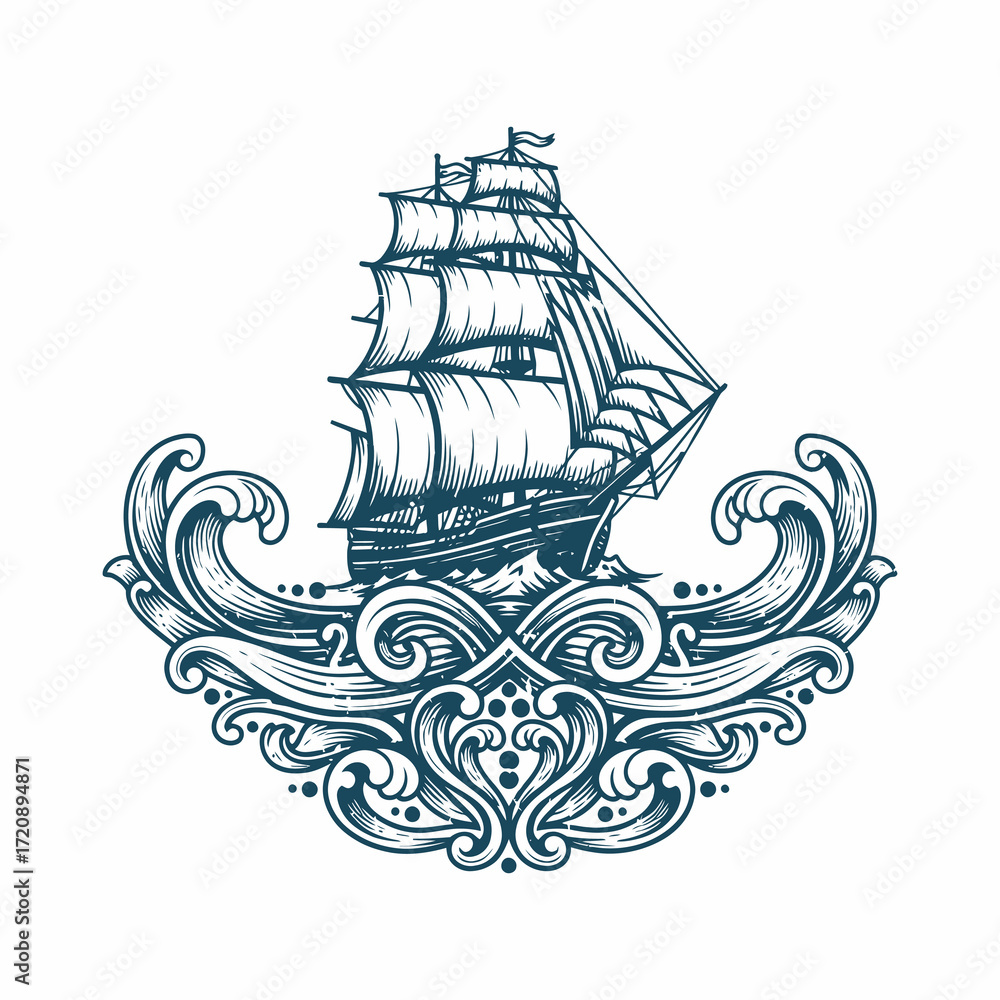Naklejka premium Detailed illustration of a sailing ship on stylized waves, nautical theme.