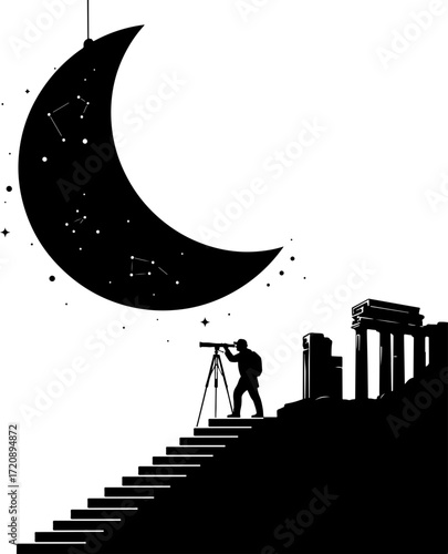 Man gazes at the moon through a telescope near ancient ruins, a night of wonder