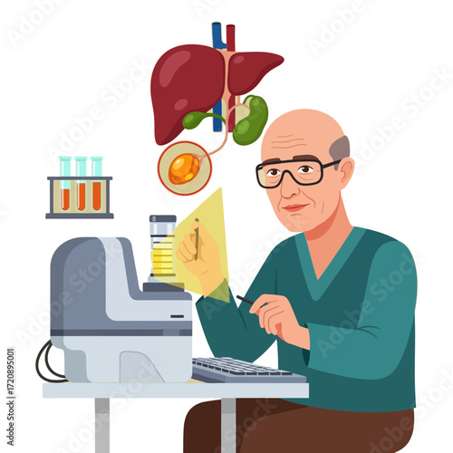 Senior doctor researching liver and gallbladder health in modern lab, offering hope for patient wellness and innovative treatments for liver disease