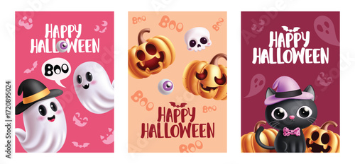 Happy Halloween greeting card clipart poster set. Happy Halloween greeting text clip art with cute, spooky and funny horror characters trick or treat invitation card collection in colorful background 
