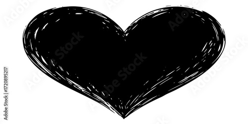 Vector art of a handdrawn black heart shape isolated on a, symbolizing love and affection with a rough, sketchy texture
