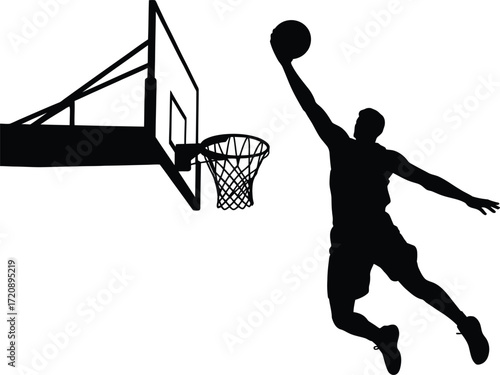 Basketball Player Silhouette Performing Slam Dunk Near Hoop Sports Illustration