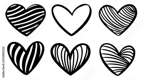 Vector art of six stylized black and white heart outlines with striped patterns