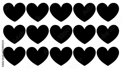 Vector art of fifteen black heart shapes, organized in three rows of five, presented on a clean, representing love and connection