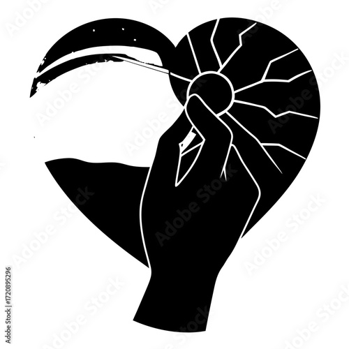 Vector art of a silhouette of a hand holding a glowing sunlike object within a broken heart shape, with a starry night sky on one side, isolated on a