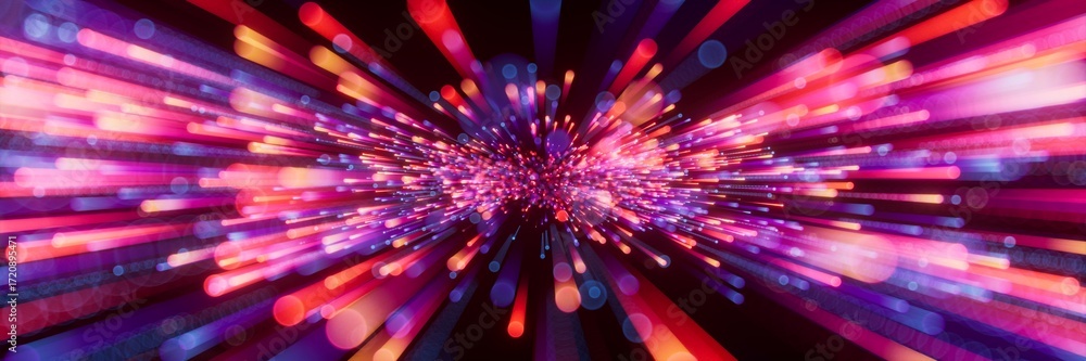 Naklejka premium Abstract cosmic background with colorful fireworks, glowing laser lines, and falling stars. Futuristic Big Bang explosion concept in outer space.