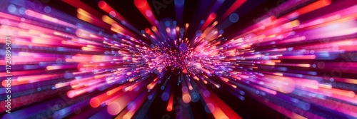 Fotografie Abstract cosmic background with colorful fireworks, glowing laser lines, and falling stars