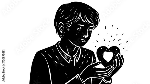 Vector art of black silhouette of a young person holding a glowing heart shape with a cutout, looking down with a thoughtful expression