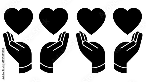 Vector art of four black heart icons held up by hands, symbolizing love, care, and support