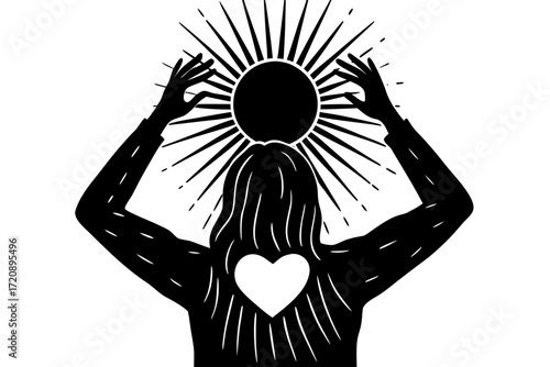 Vector art of silhouette of a person with arms raised, holding a sun with radiating lines, with a heart symbol on their chest, representing spirituality and inner light