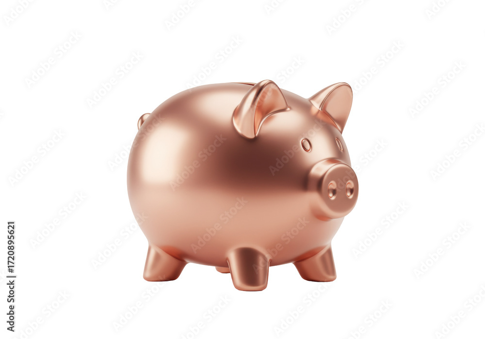 Obraz premium Isolated rose gold piggy bank or money box to deposit coins for savings and investments