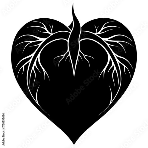 Vector art of black heart shape with rootlike structures inside, symbolizing growth and life, isolated on a