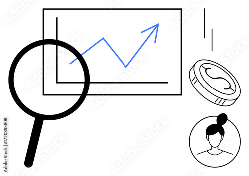Magnifying glass highlights financial graph with rising arrow, coin, and user profile. Ideal for business, finance, analytics, growth strategy, investments, research user data simple flat metaphor