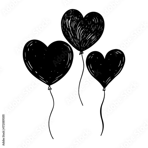 Vector art of three handdrawn black heartshaped balloons with strings, , conveying a sense of joy and celebration