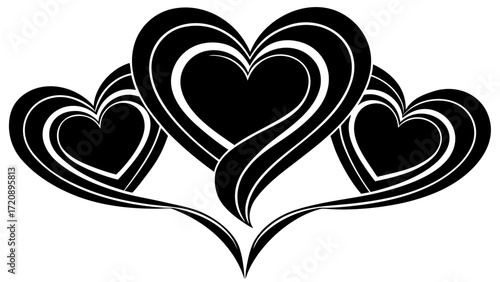 Vector art of three stylized black hearts with flowing lines, , representing love and romance in a graphic design