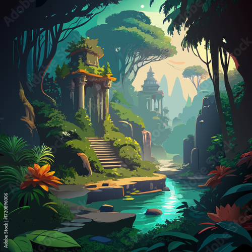 Enchanted jungle ruins with ancient architecture and lush greenery