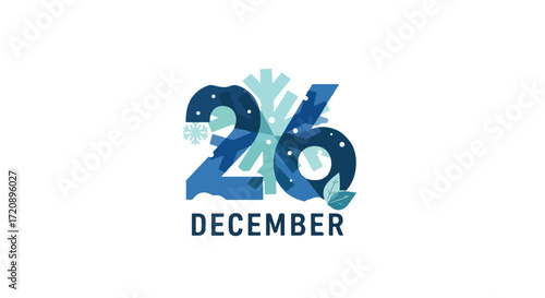 Elegant stylized design for the 26th of December in frosty blues with snowflakes and leaves symbolizing winter festivity and freshness