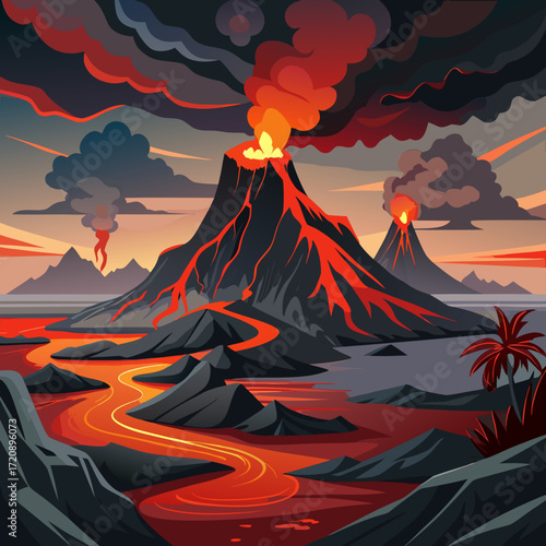 Volcanic eruption with flowing lava and smoke plumes