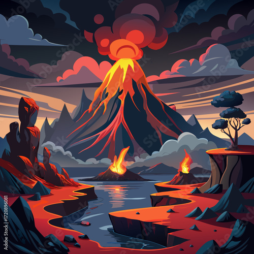 Dramatic volcanic eruption scene with lava flows and fiery clouds
