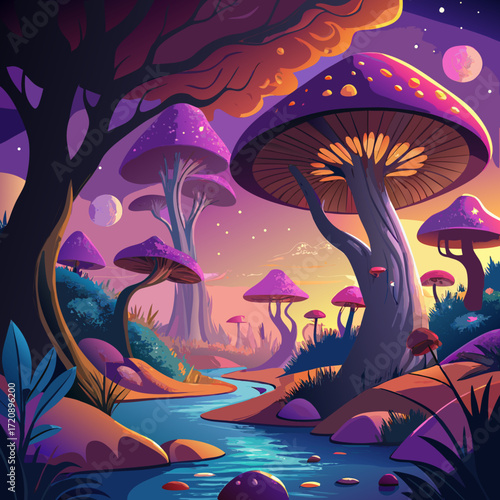 Enchanting alien mushroom forest landscape at twilight