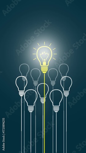 One Yellow Lightbulb Above Many Gray Lightbulbs on Dark Blue Background idea innovation