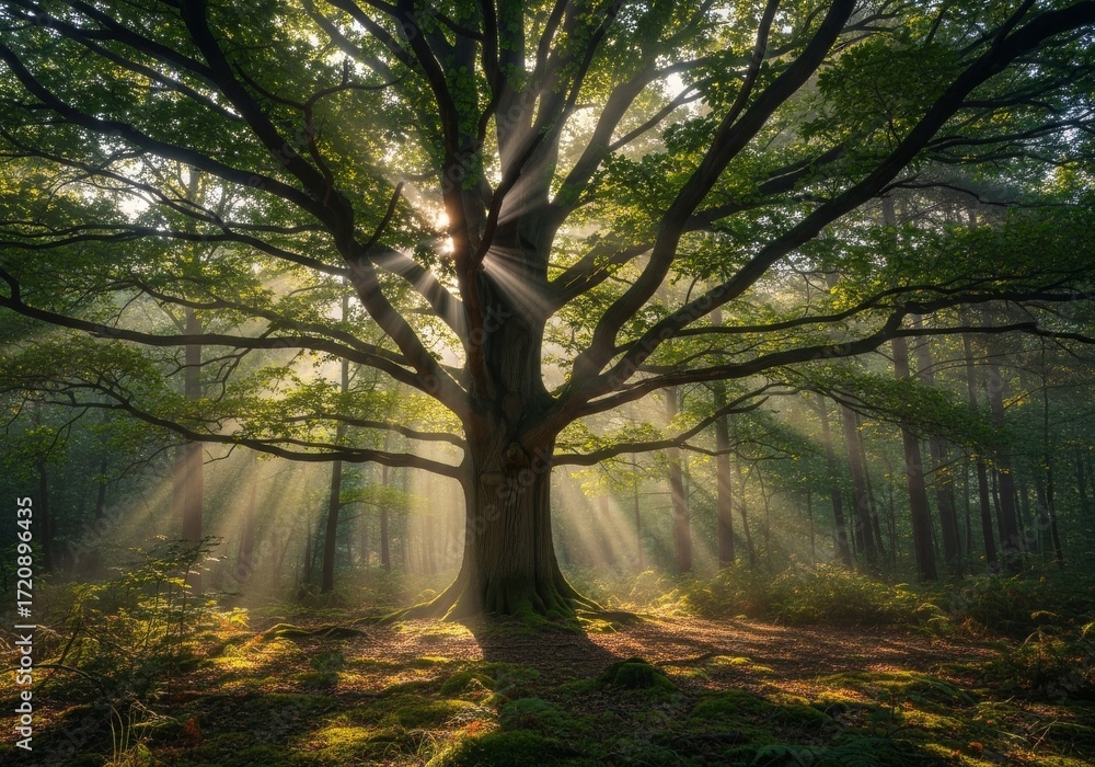 Fototapeta premium Sun rays shining through the dense branches of a big oak tree, soft mist around, magical and peaceful morning scene