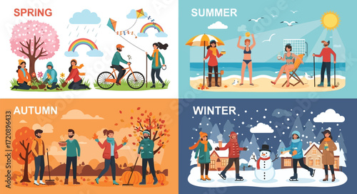 Illustration depicting the four seasons with people enjoying seasonal activities outdoors in different settings