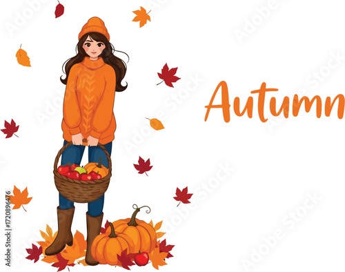 A girl in autumn attire holding a basket of apples standing near pumpkins and falling leaves design