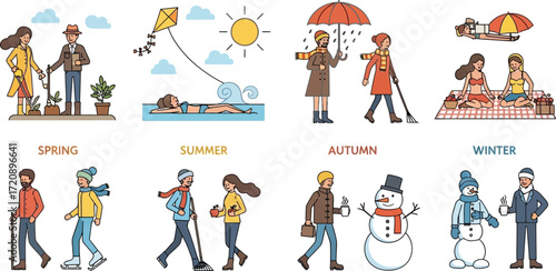 Illustration depicting activities and weather associated with the four seasons of the year