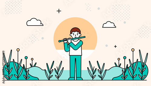Young boy playing flute outdoors with plants and sunset background  in flat vector style