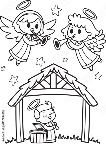 line art group of angels singing above the stable .eps