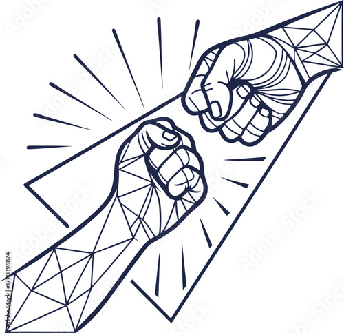 Two clenched fists touching, geometric line icon, white canvas.